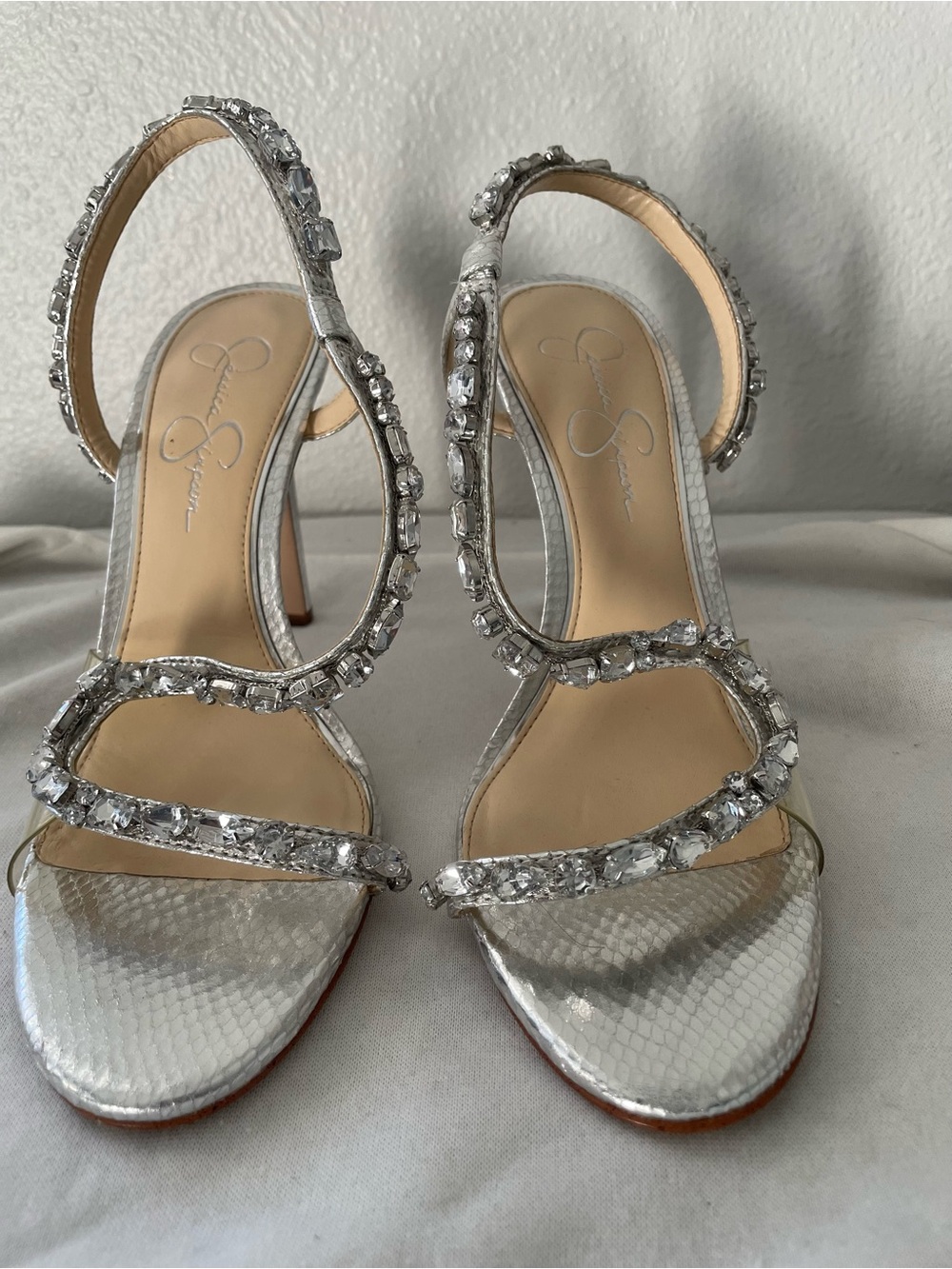 Jessica Simpson Silver Crystal-Embellished Strappy High Heels